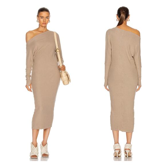 ENZA COSTA Sweater Knit Slouch Dress Womens Large Taupe Tan Long Sleeve Maxi NEW - Picture 1 of 15